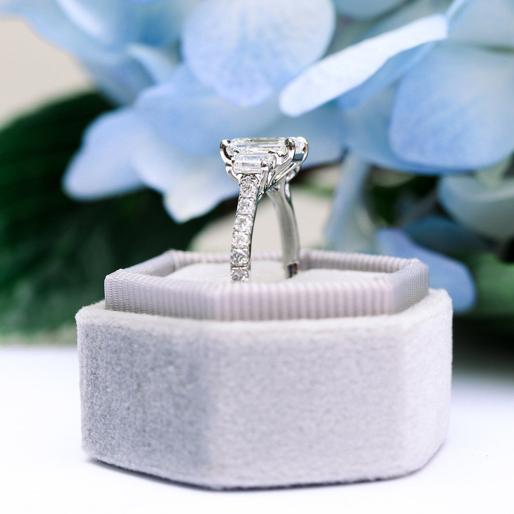 2.75 CT Emerald Moissanite Three Stones Pave Setting Engagement Ring