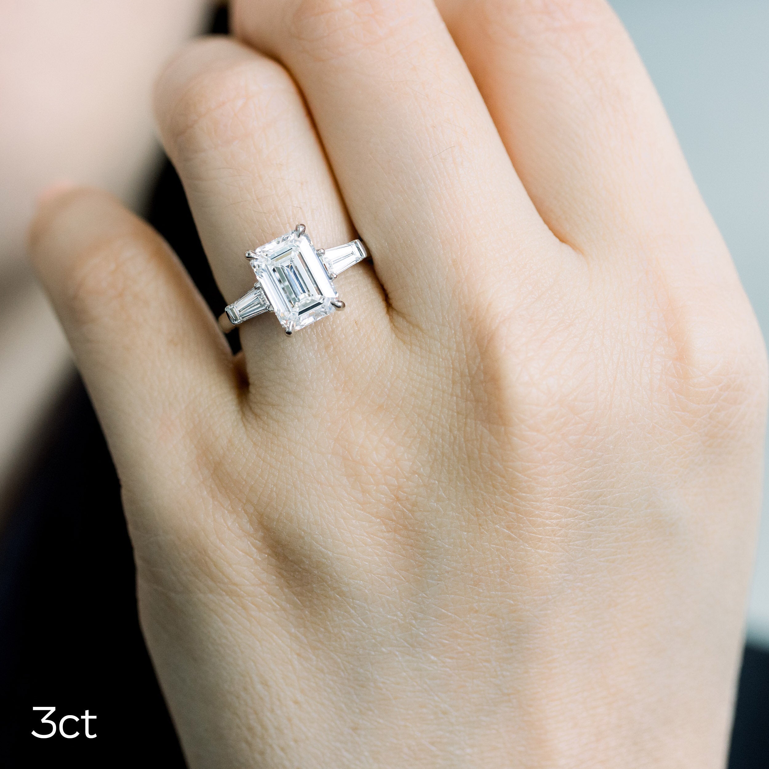 3.0 CT Emerald Cut Moissanite Three Stones Engagement Ring