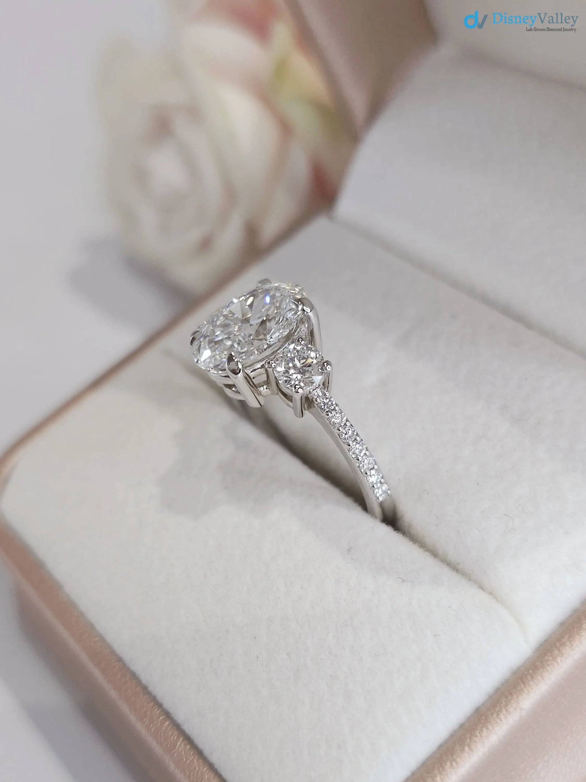 3.20 CTW Oval 3 Stone IGI Certified pave band engagement ring - DisneyValley