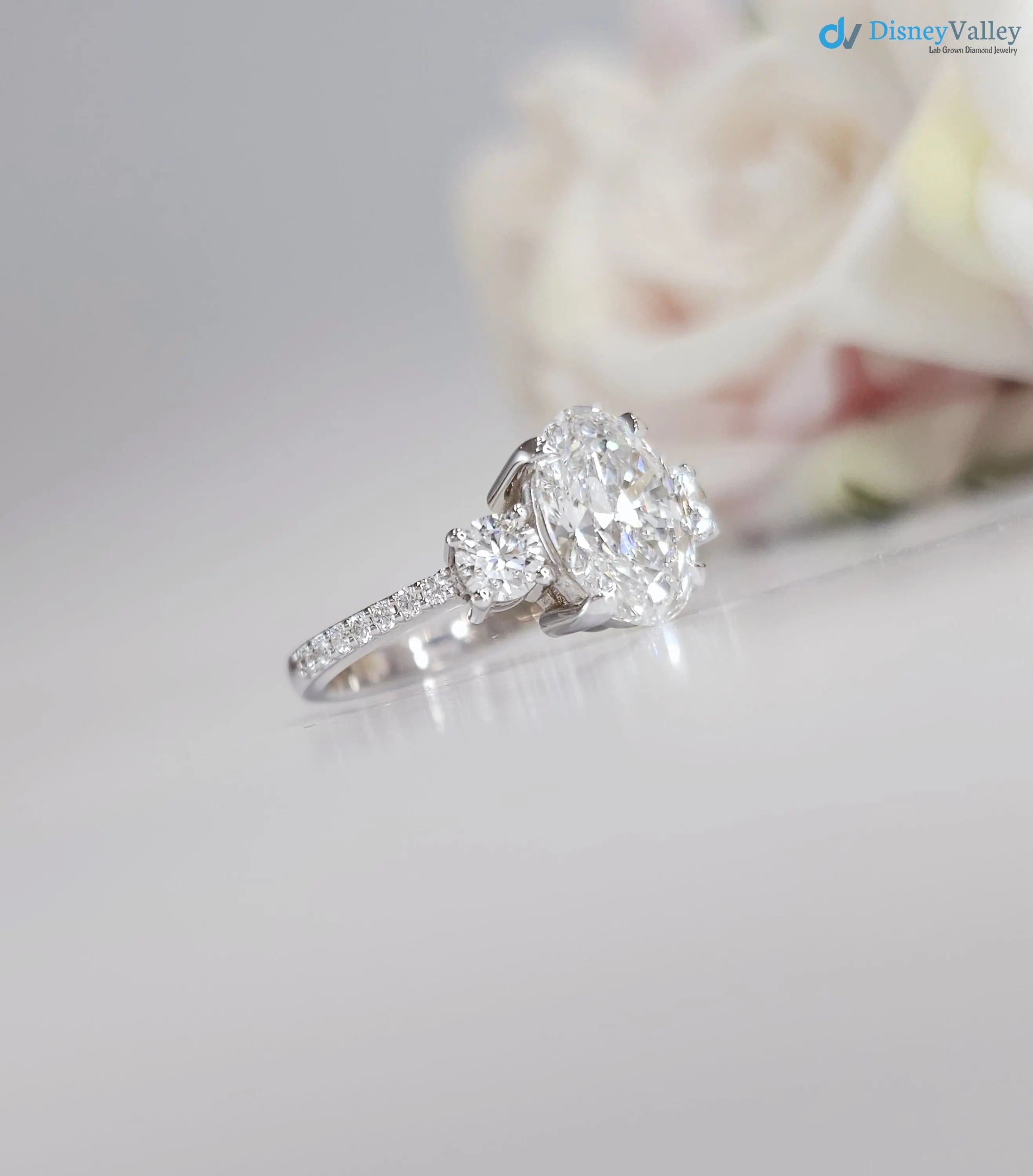 3.20 CTW Oval 3 Stone IGI Certified pave band engagement ring - DisneyValley