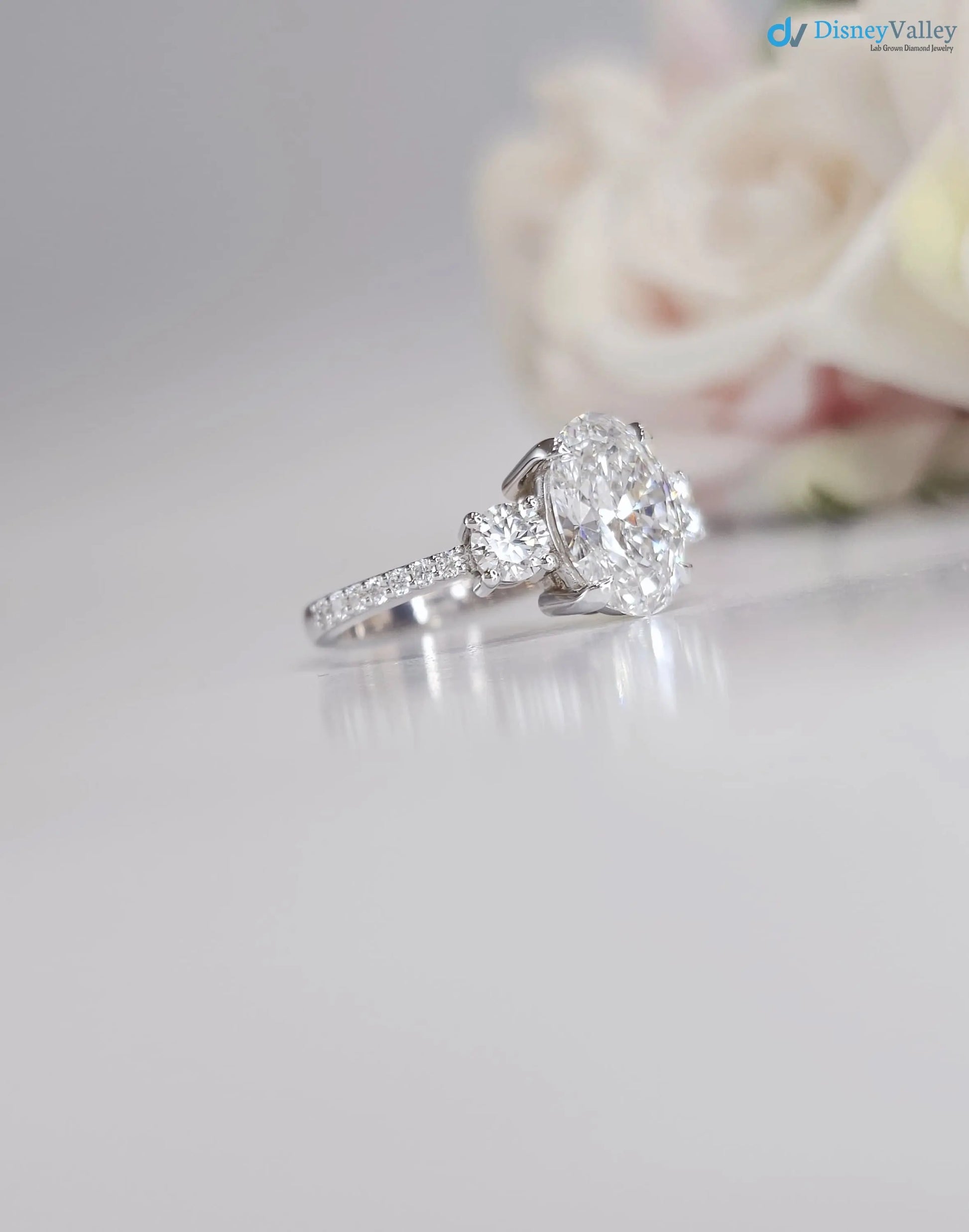 3.20 CTW Oval 3 Stone IGI Certified pave band engagement ring - DisneyValley