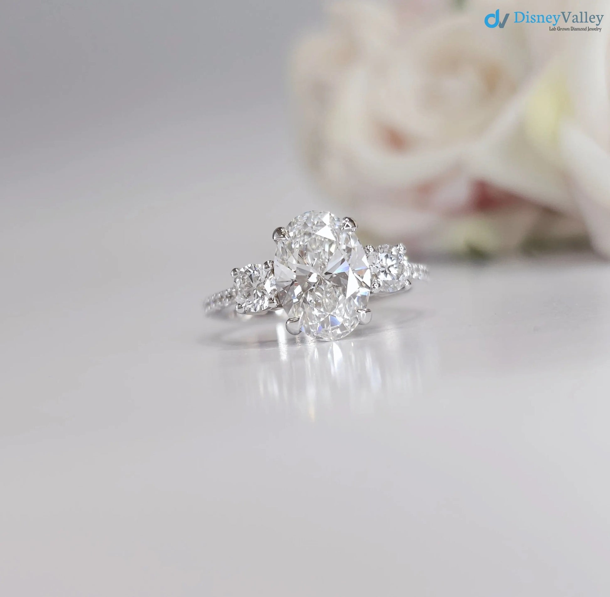 3.20 CTW Oval 3 Stone IGI Certified pave band engagement ring - DisneyValley