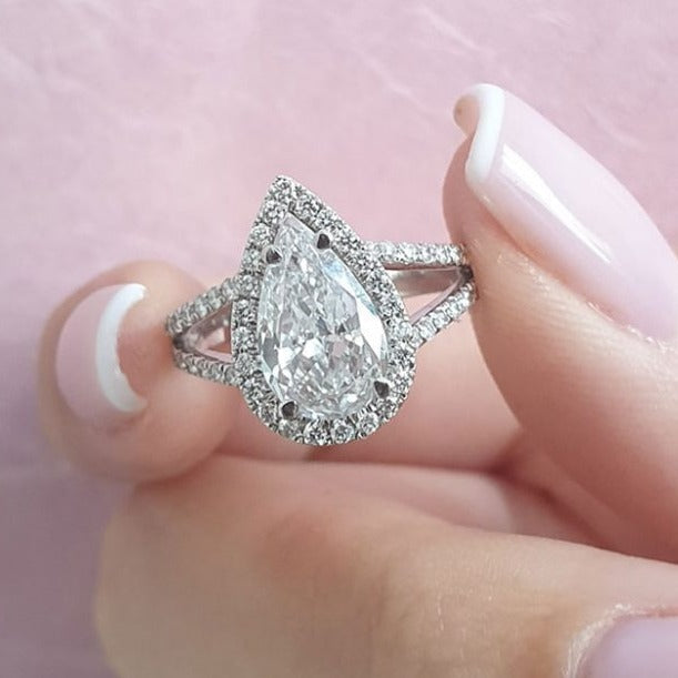 2.0 CT Pear Cut Moissanite Halo Engagement Ring