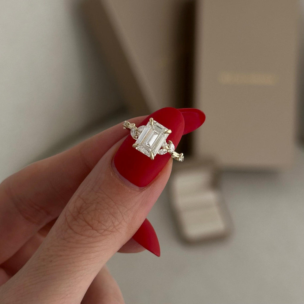 2.0 CT- 3.0 CT Emerald Cut Moissanite Cluster Style Engagement Ring