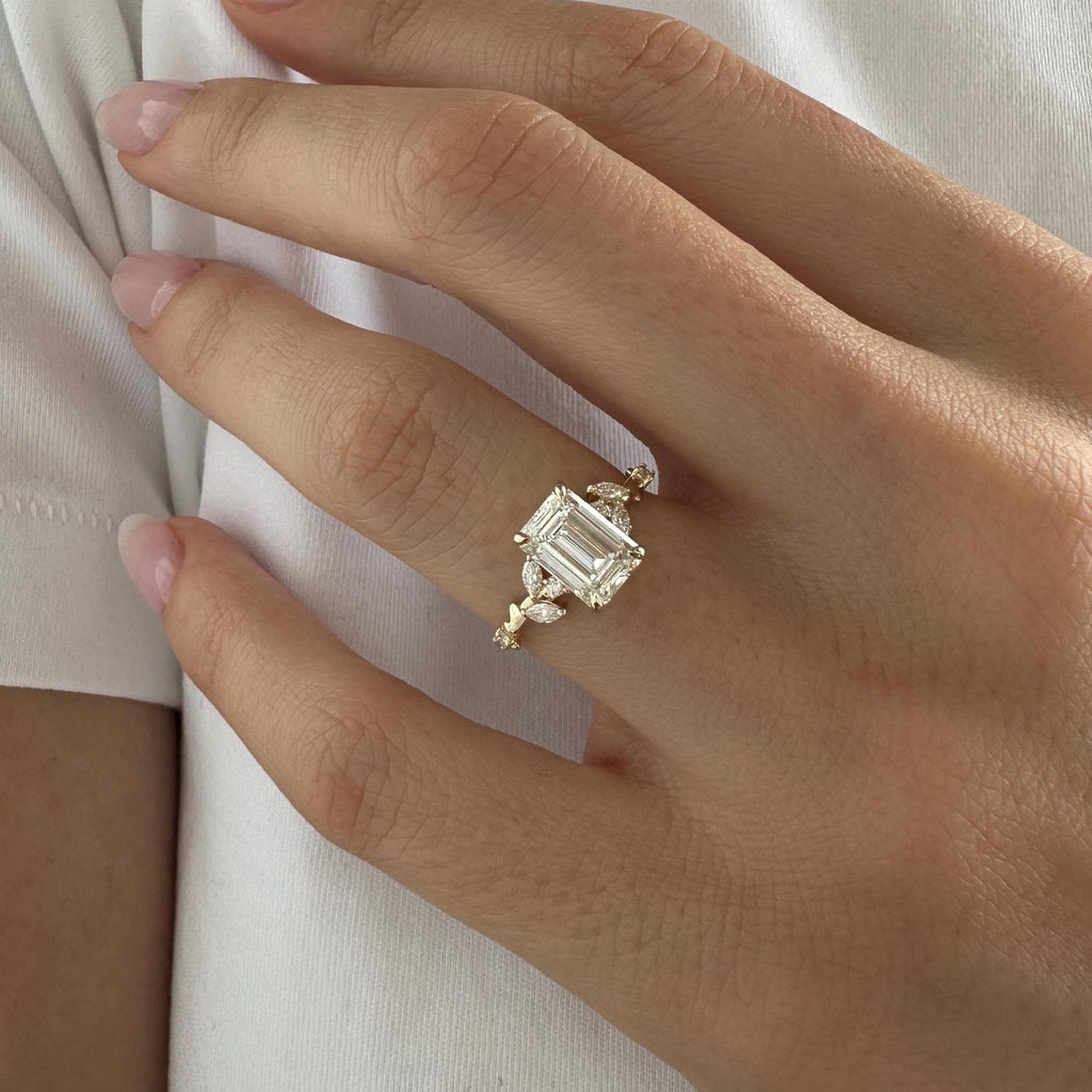 1.5 CT Emerald Cut Moissanite Cluster Style Engagement Ring