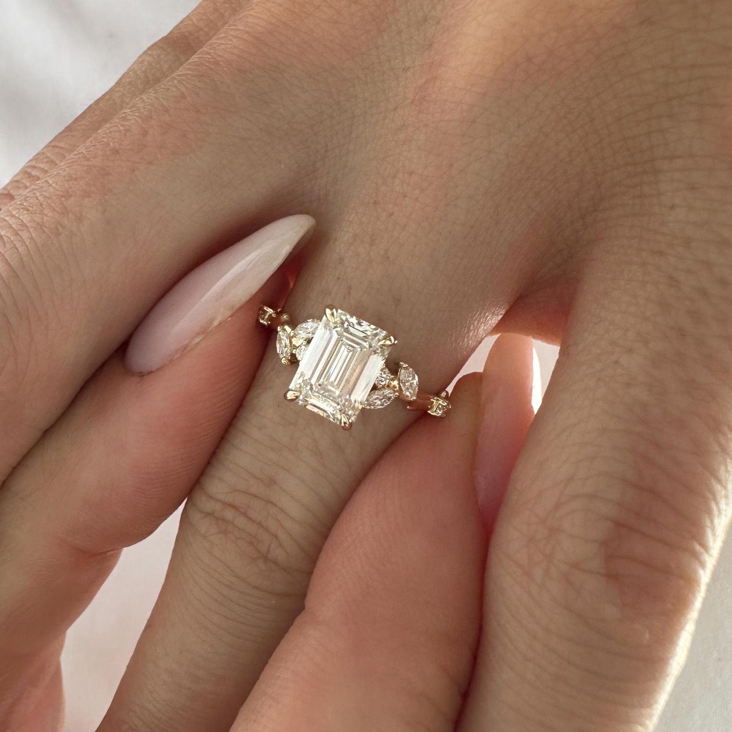1.5 CT Emerald Cut Moissanite Cluster Style Engagement Ring