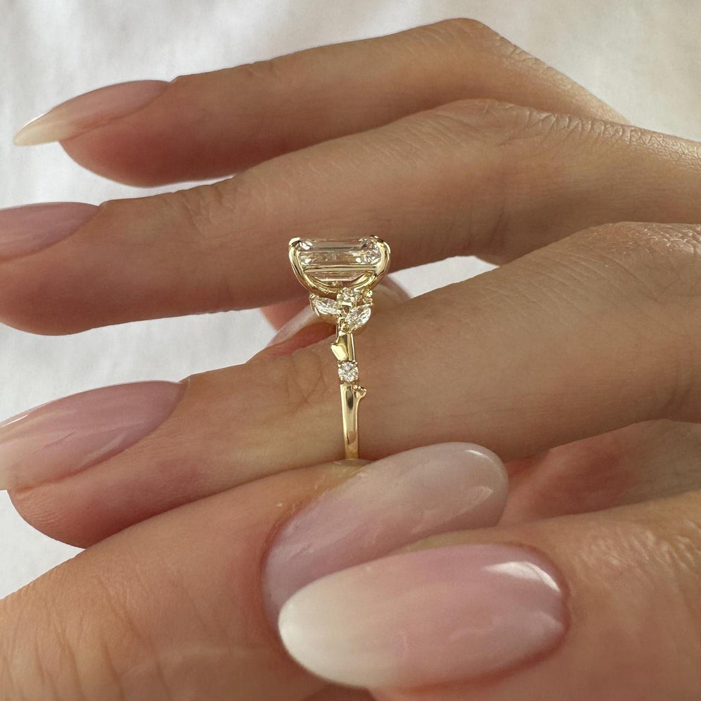 1.5 CT Emerald Cut Moissanite Cluster Style Engagement Ring