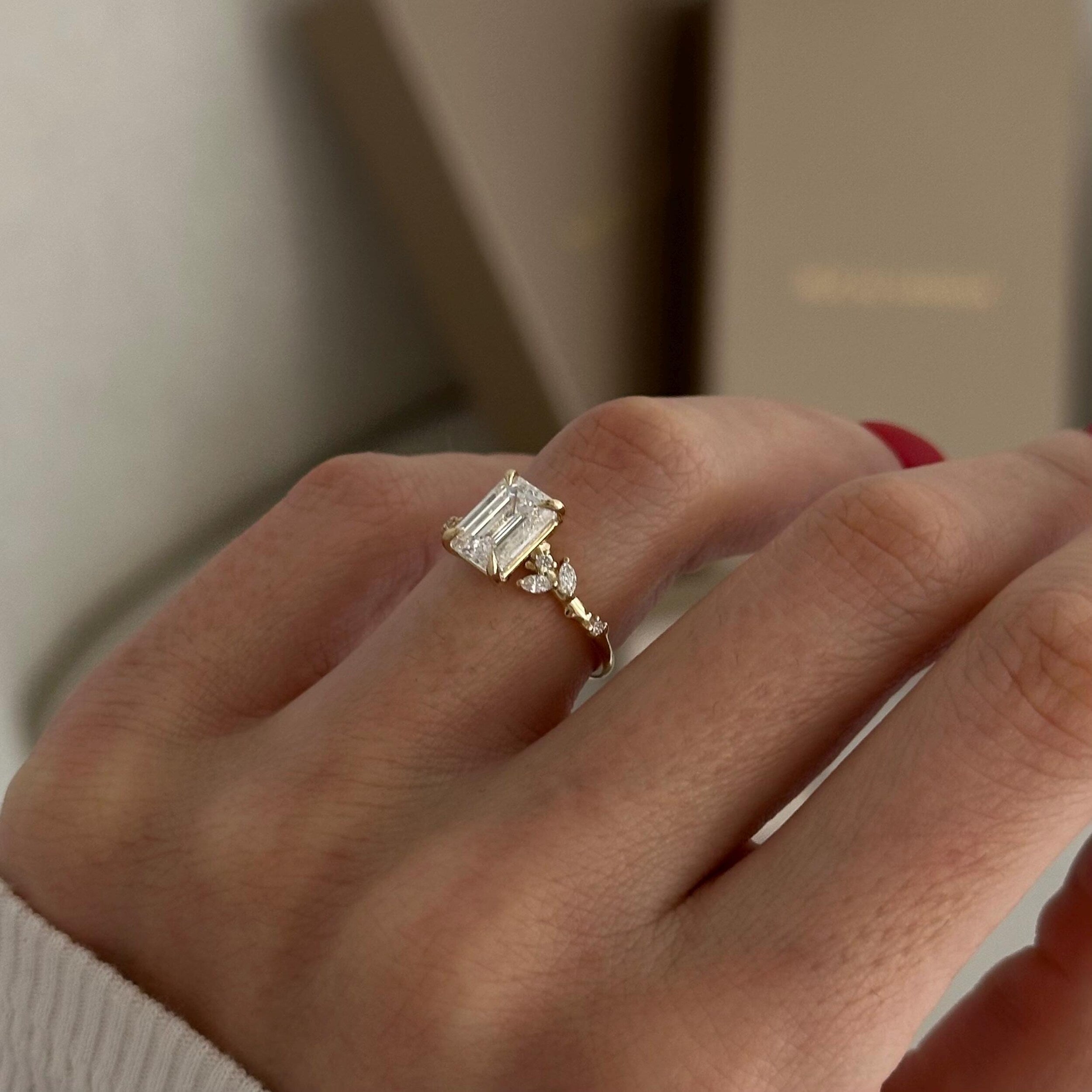 2.0 CT- 3.0 CT Emerald Cut Moissanite Cluster Style Engagement Ring