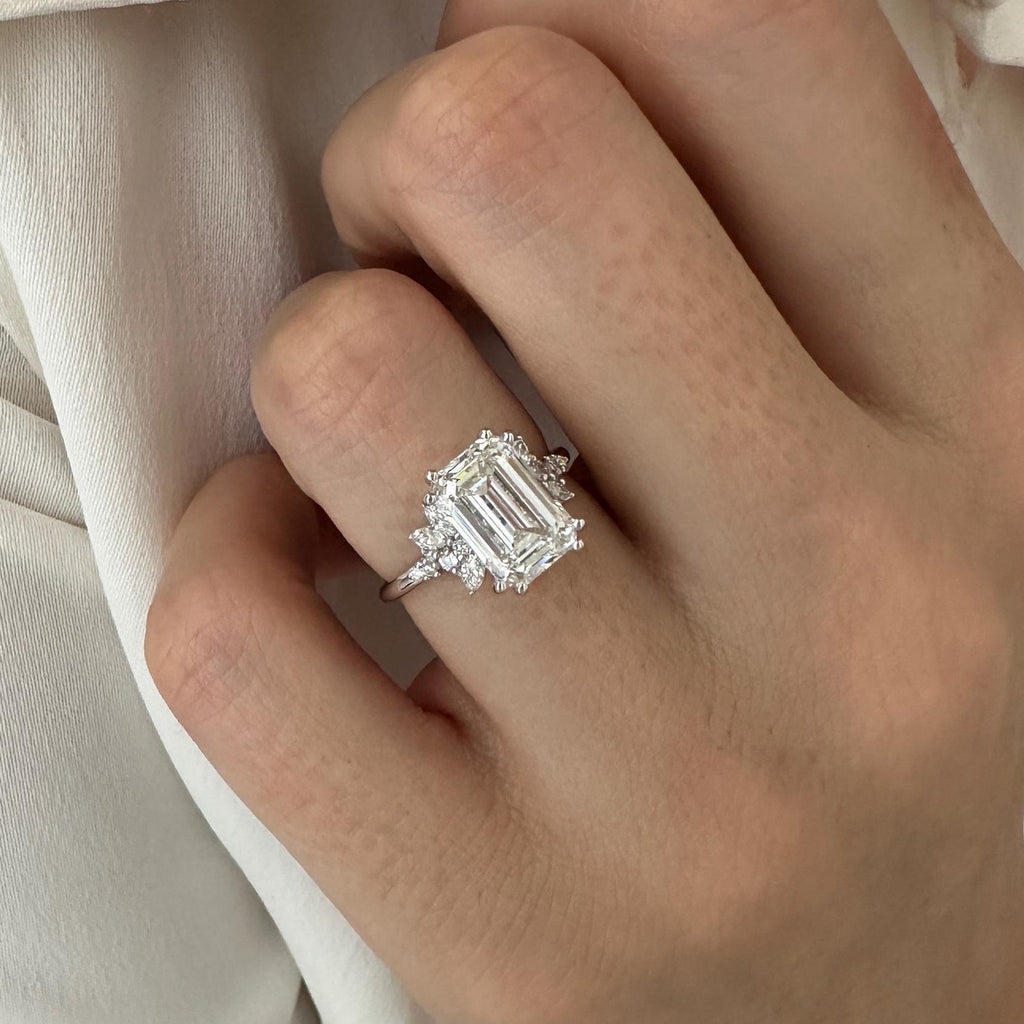 3.0 CT Emerald Cut Moissanite Cluster Style Engagement Ring