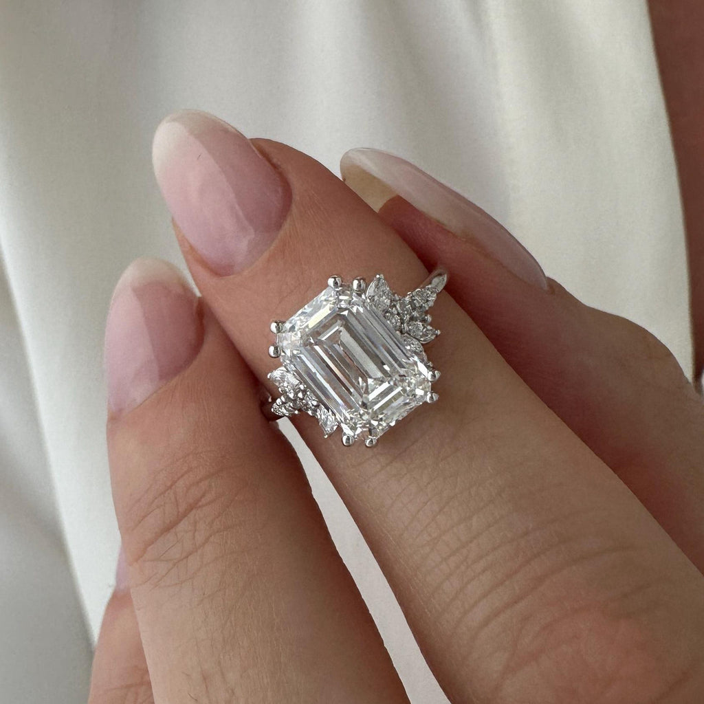 3.0 CT Emerald Cut Moissanite Cluster Style Engagement Ring