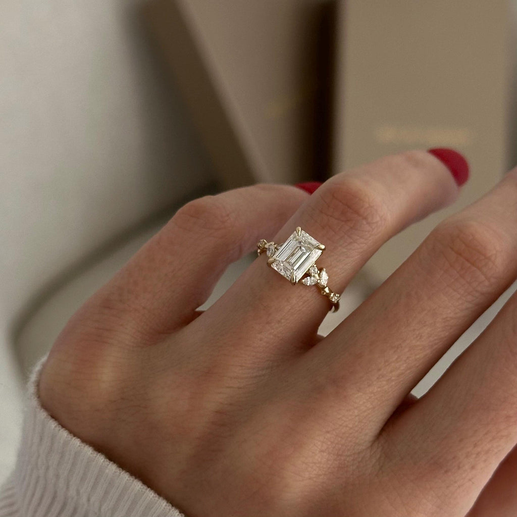 2.0 CT- 3.0 CT Emerald Cut Moissanite Cluster Style Engagement Ring