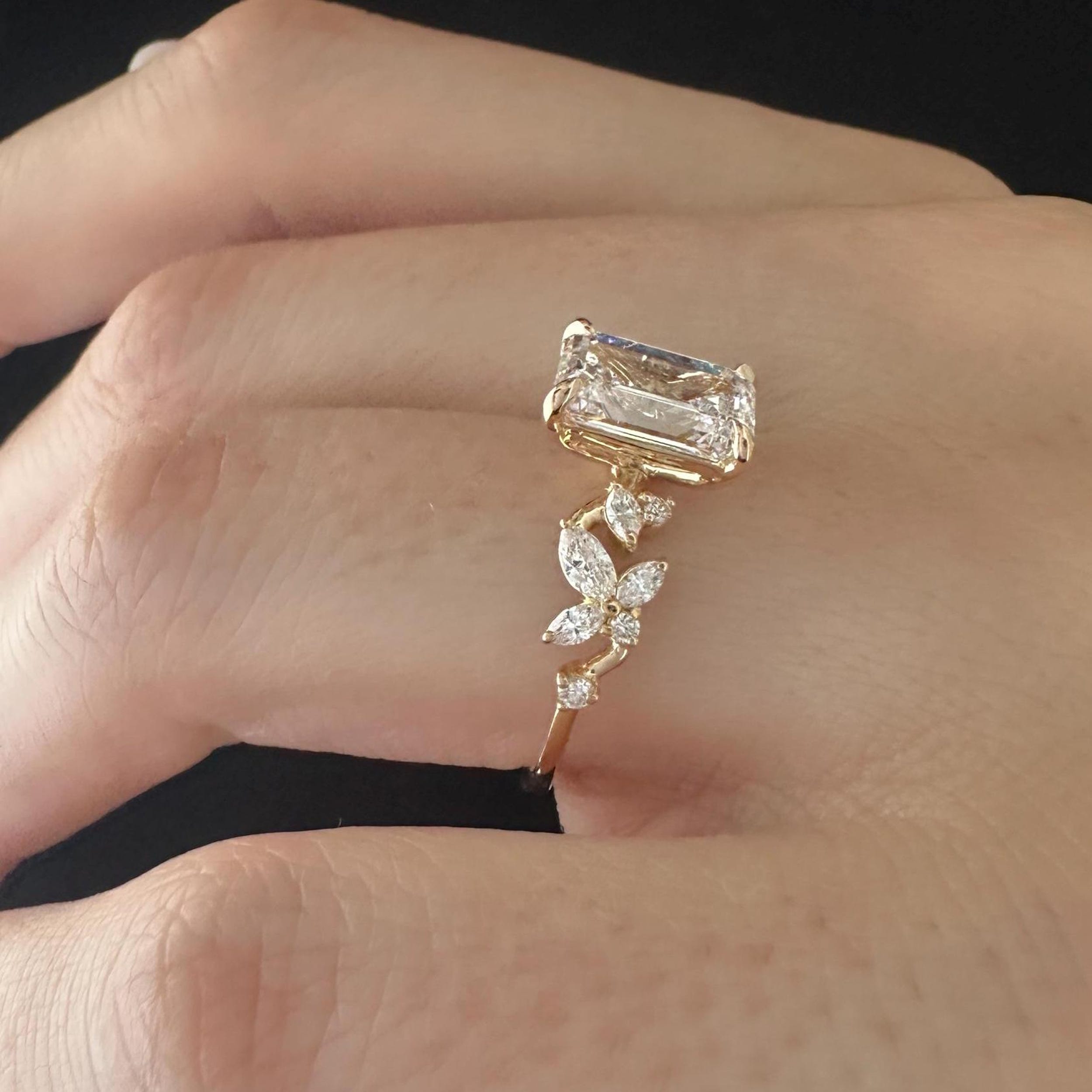 2.5 CT Emerald Cut Moissanite Cluster Style Engagement Ring