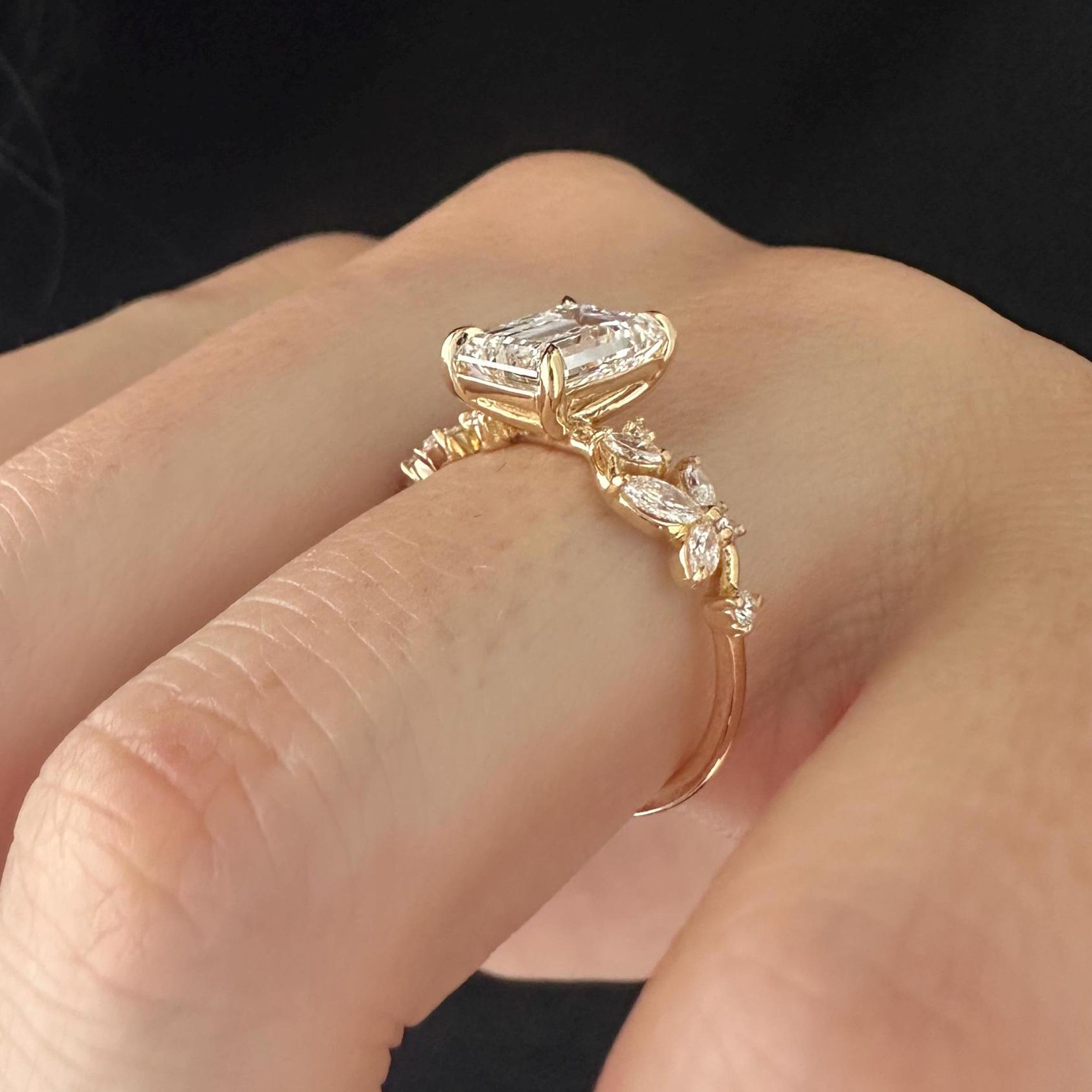 2.5 CT Emerald Cut Moissanite Cluster Style Engagement Ring