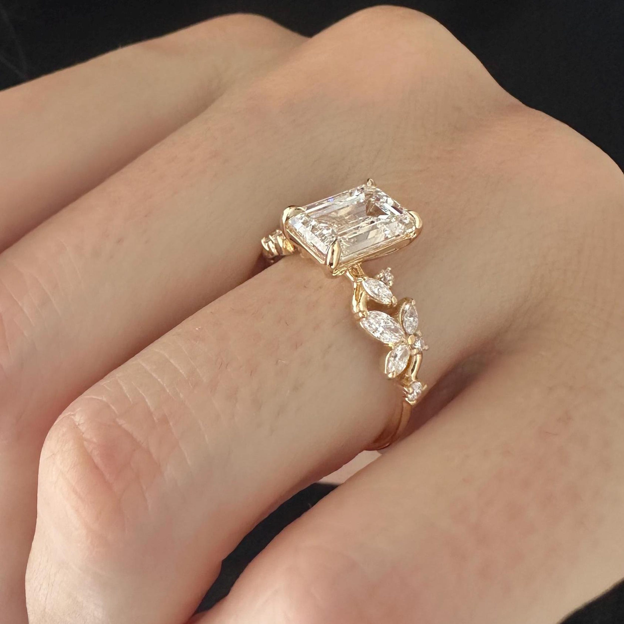 2.5 CT Emerald Cut Moissanite Cluster Style Engagement Ring