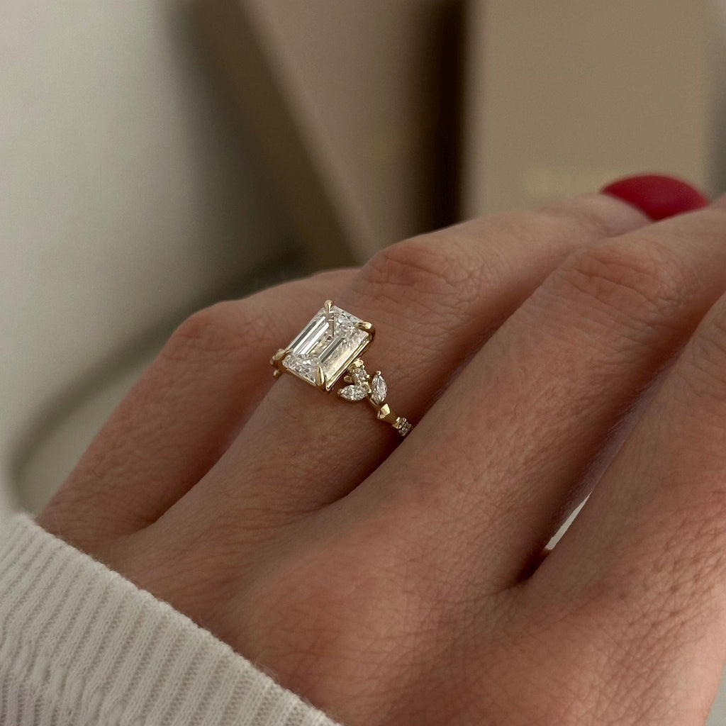 2.0 CT- 3.0 CT Emerald Cut Moissanite Cluster Style Engagement Ring
