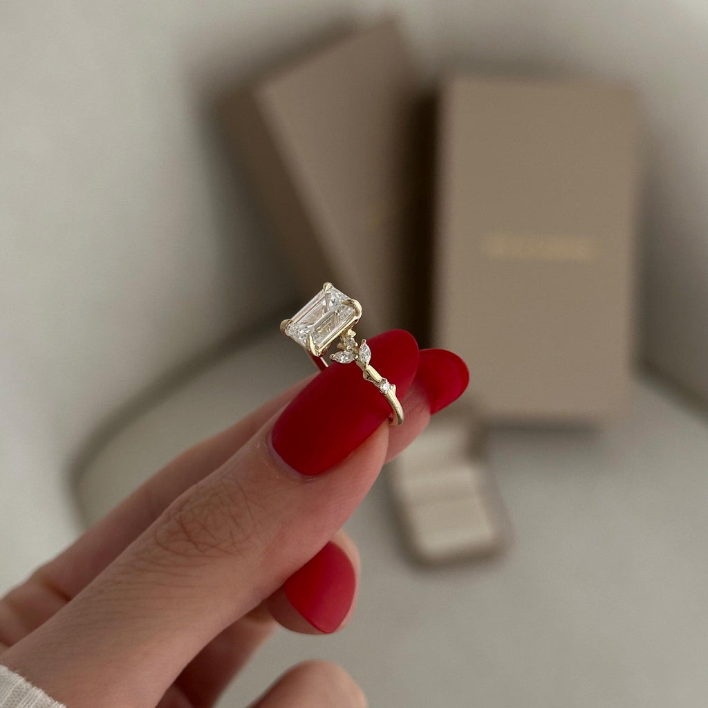 2.0 CT- 3.0 CT Emerald Cut Moissanite Cluster Style Engagement Ring