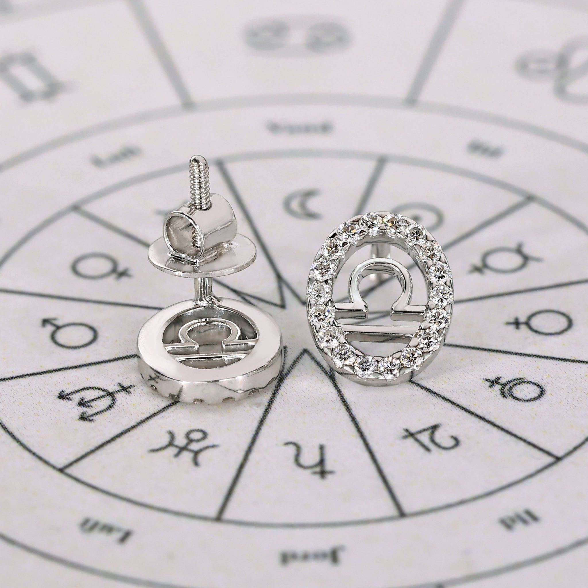 Libra Earrings with Round Diamond Halo Zodiac Style