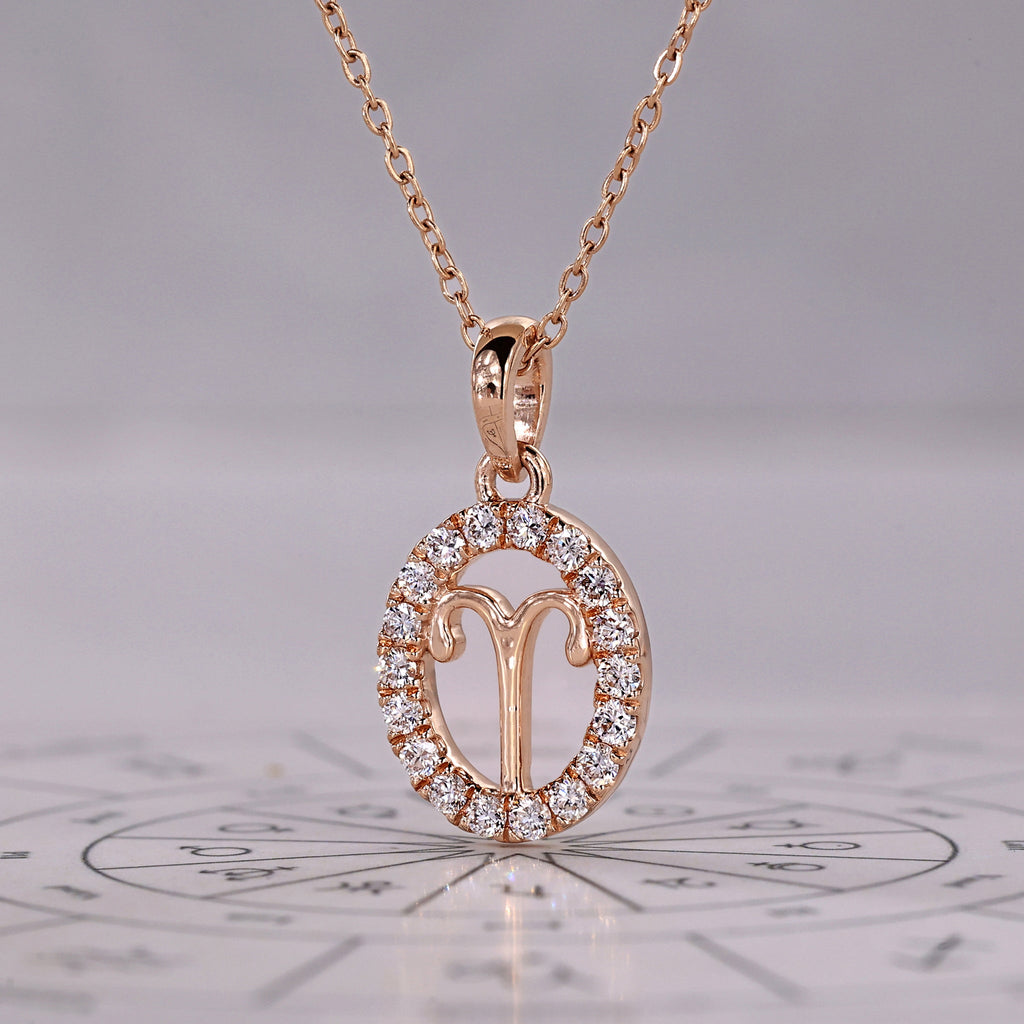 Rose Gold Aries Pendant In Halo Design