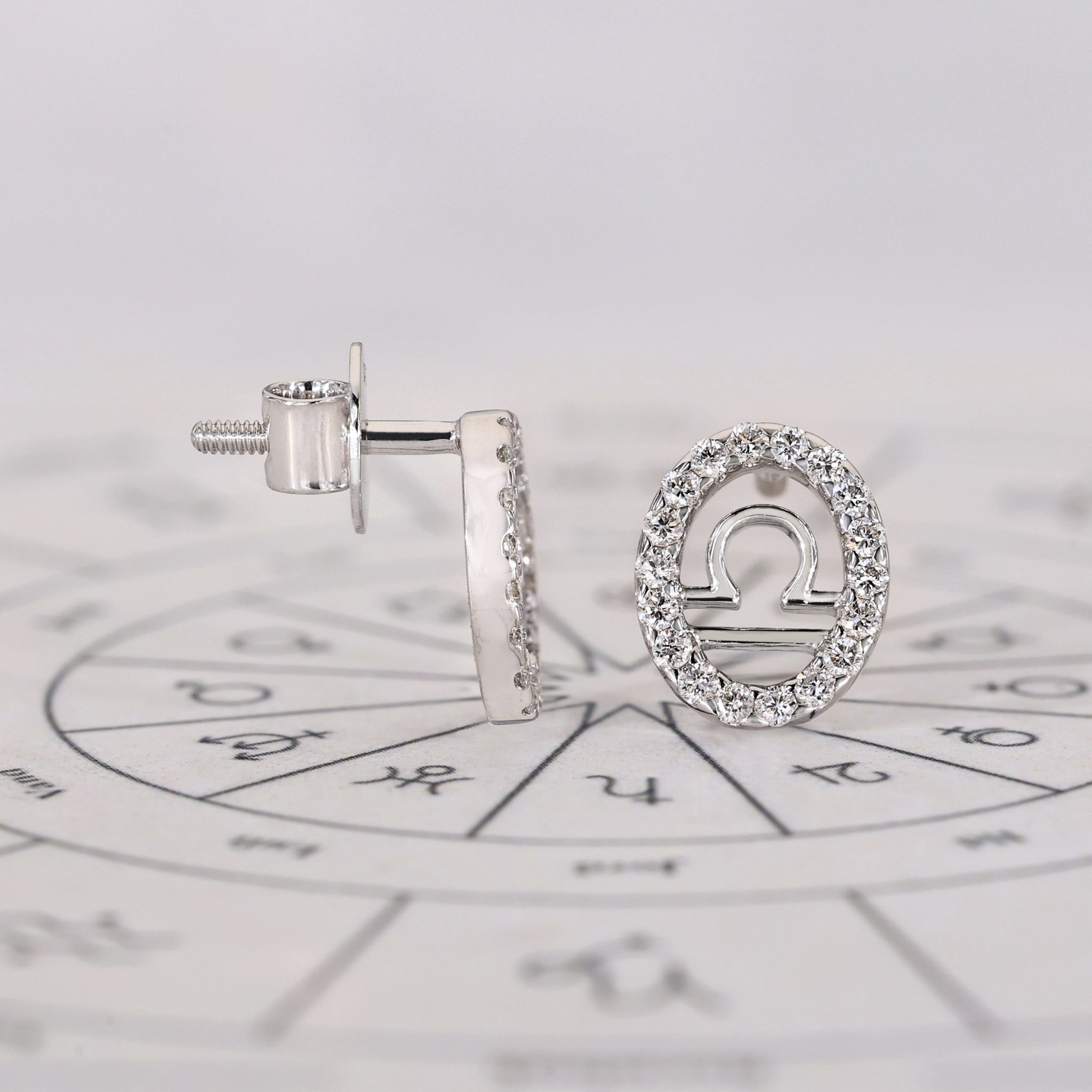 Libra Earrings with Round Diamond Halo Zodiac Style