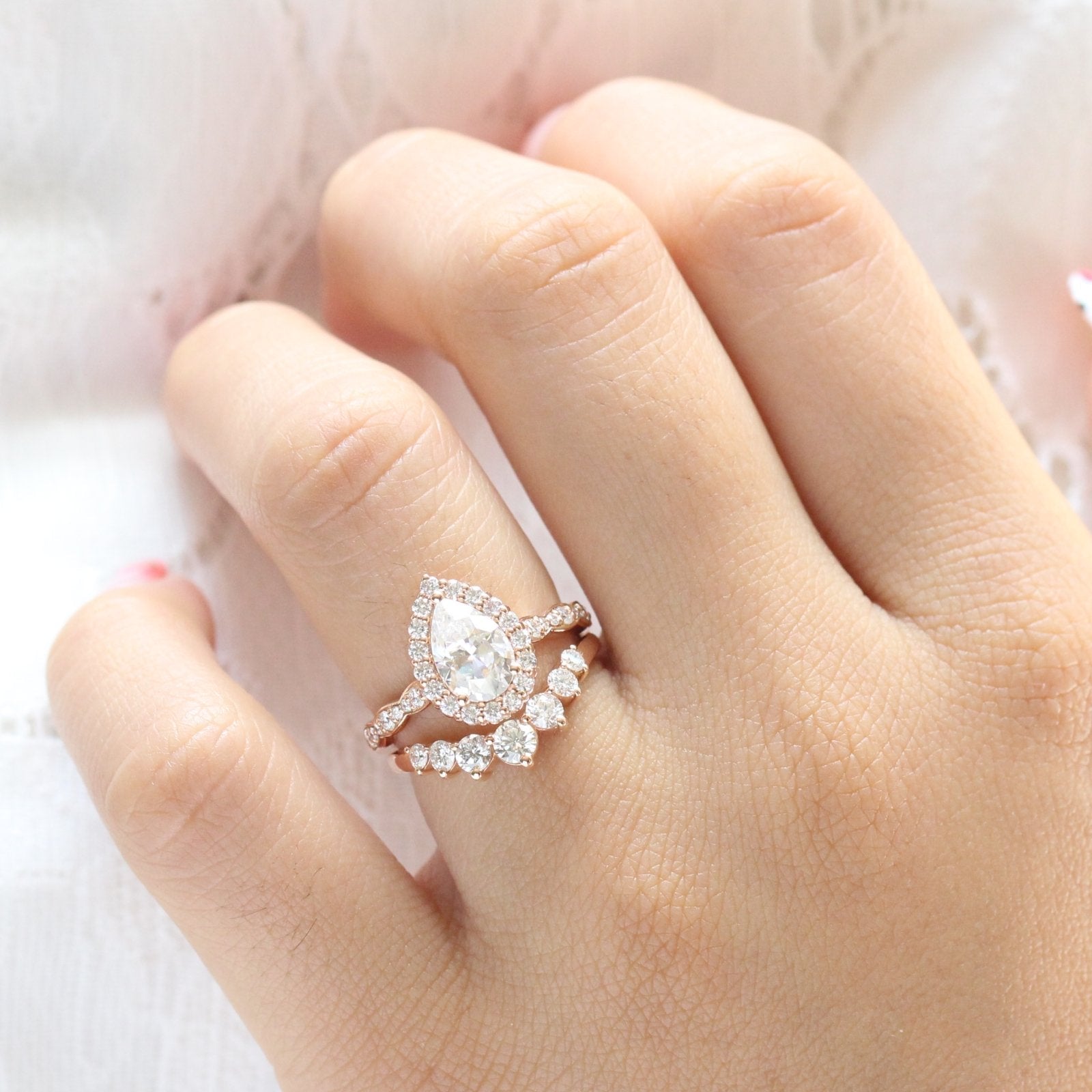 1.60 CT Pear Cut Moissanite Halo Bridal Ring Set