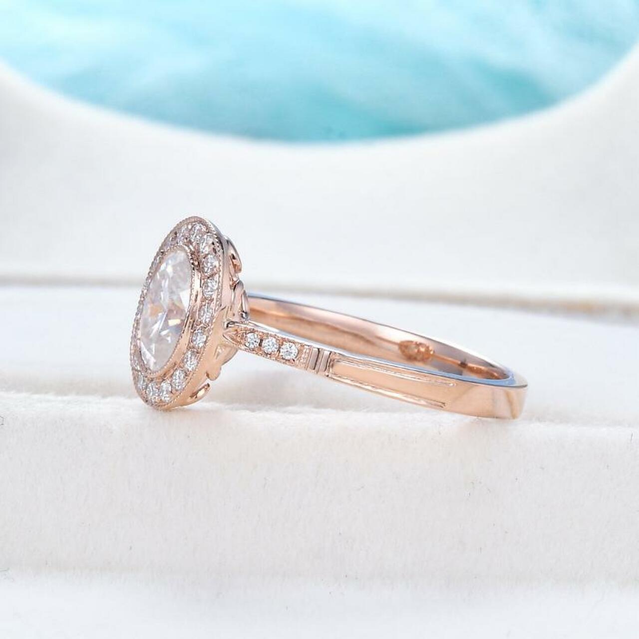 1.0CT Oval Cut Milgrain Halo Moissanite Engagement Ring