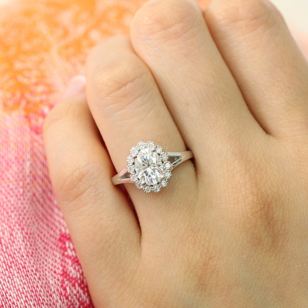1.50 CT Oval Cut Moissanite Halo Split Shank Style Engagement Ring