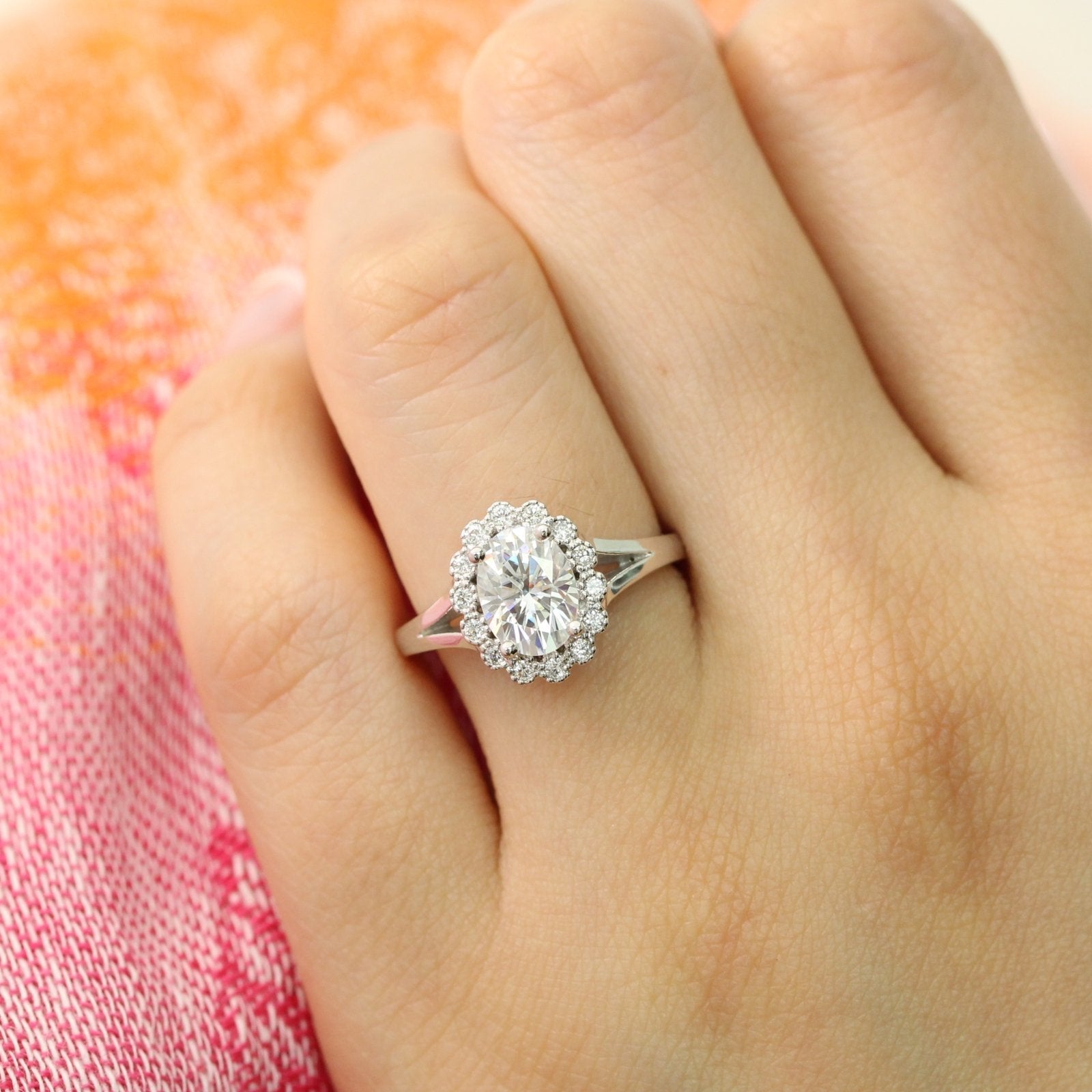 1.50 CT Oval Cut Moissanite Halo Split Shank Style Engagement Ring