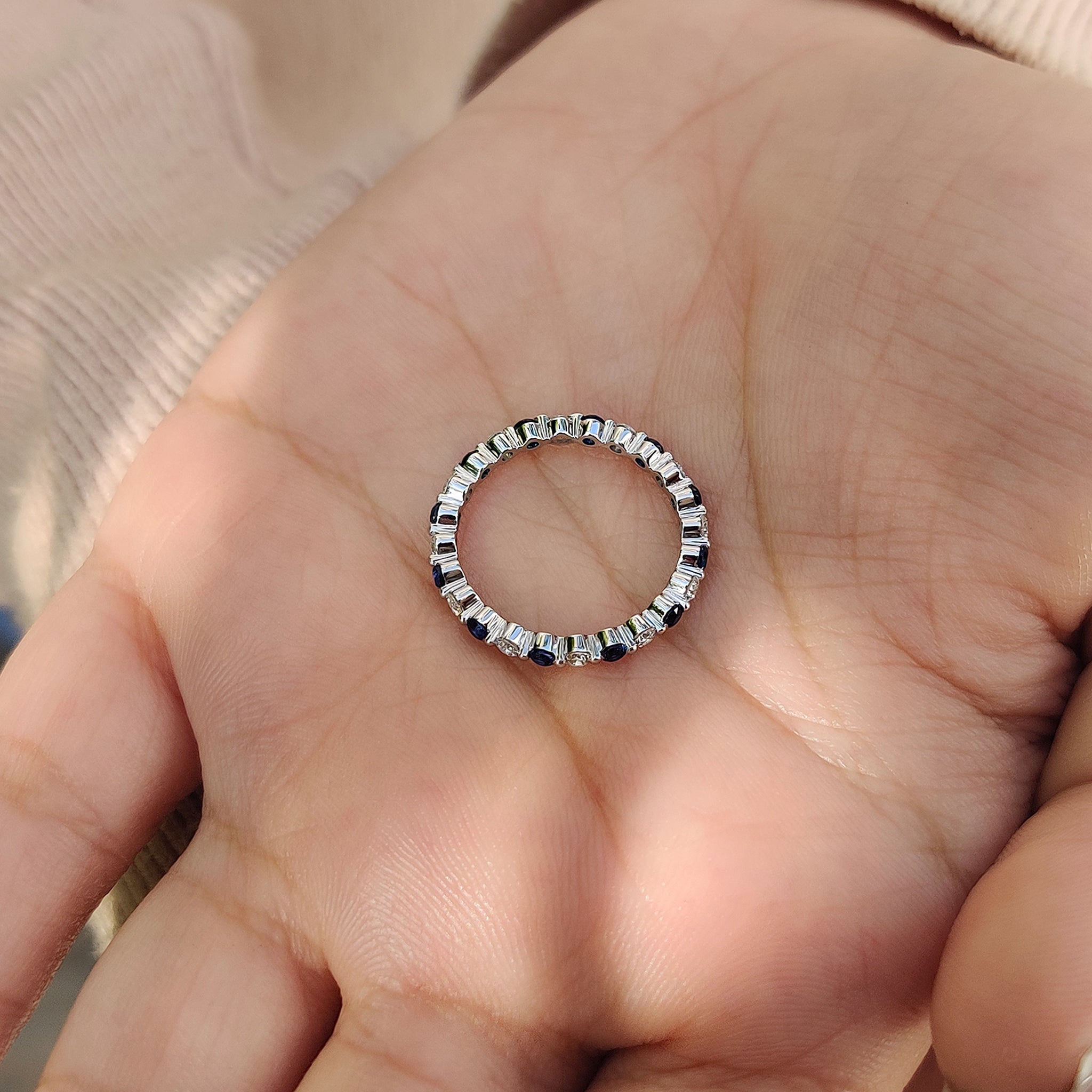 Round Cut Blue Diamond and Blue Sapphire Eternity Band
