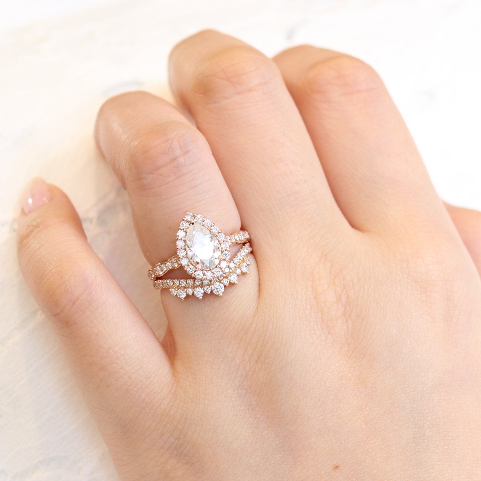 1.50CT Pear Cut Moissanite Halo Bridal Ring Set Main image