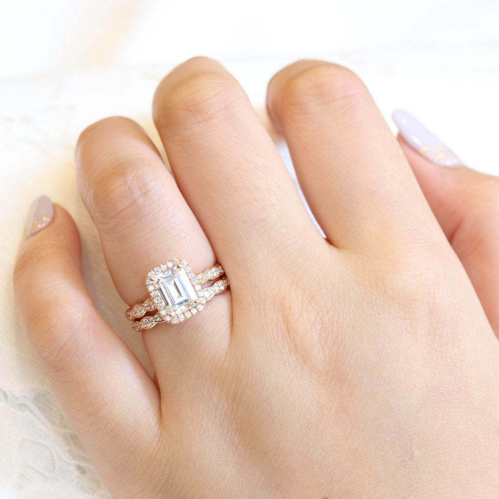 1.60CT Emerald Cut Moissanite Halo Bridal Ring Set