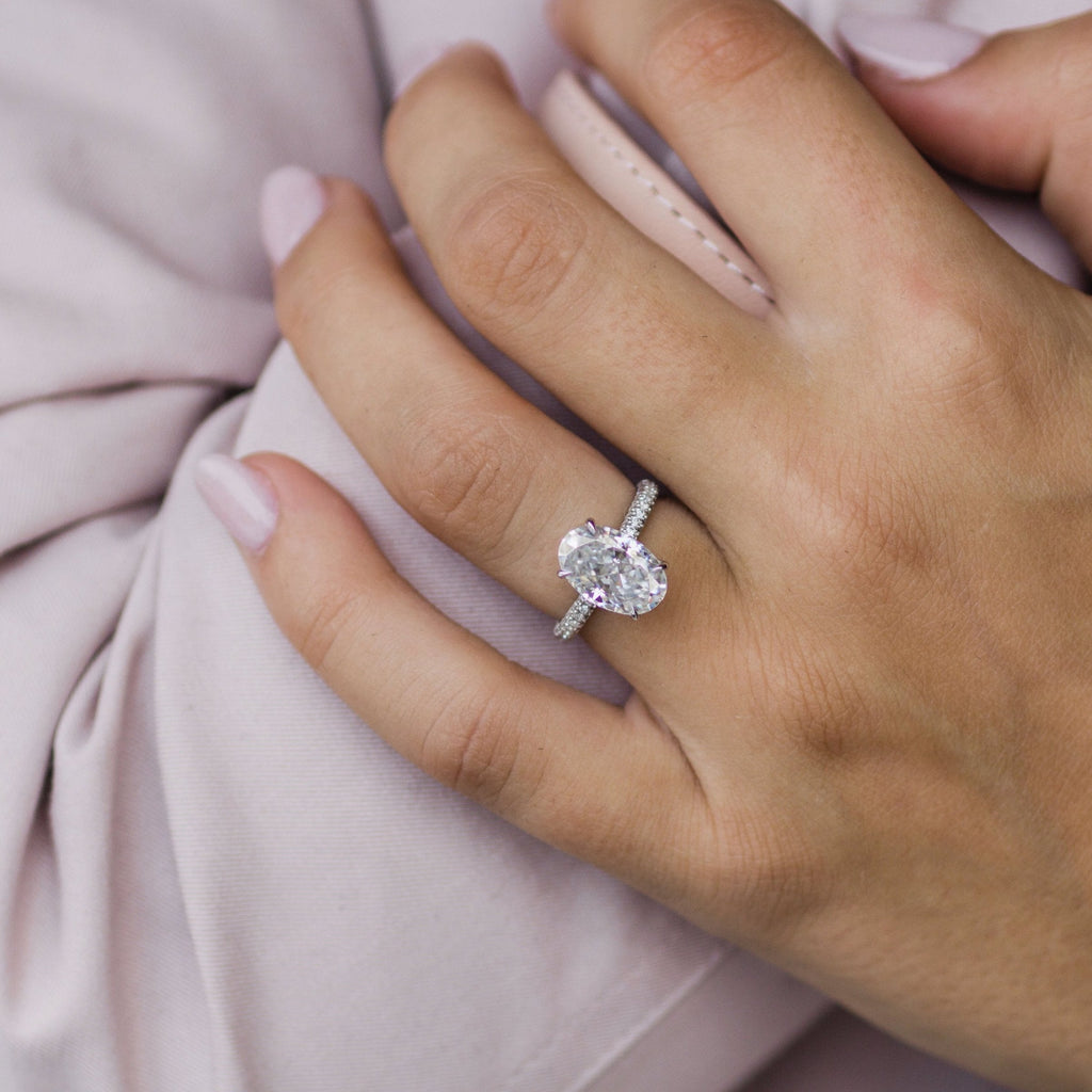 3.40 CT Oval Moissanite Hidden Halo Triple Pave Setting Engagement Ring