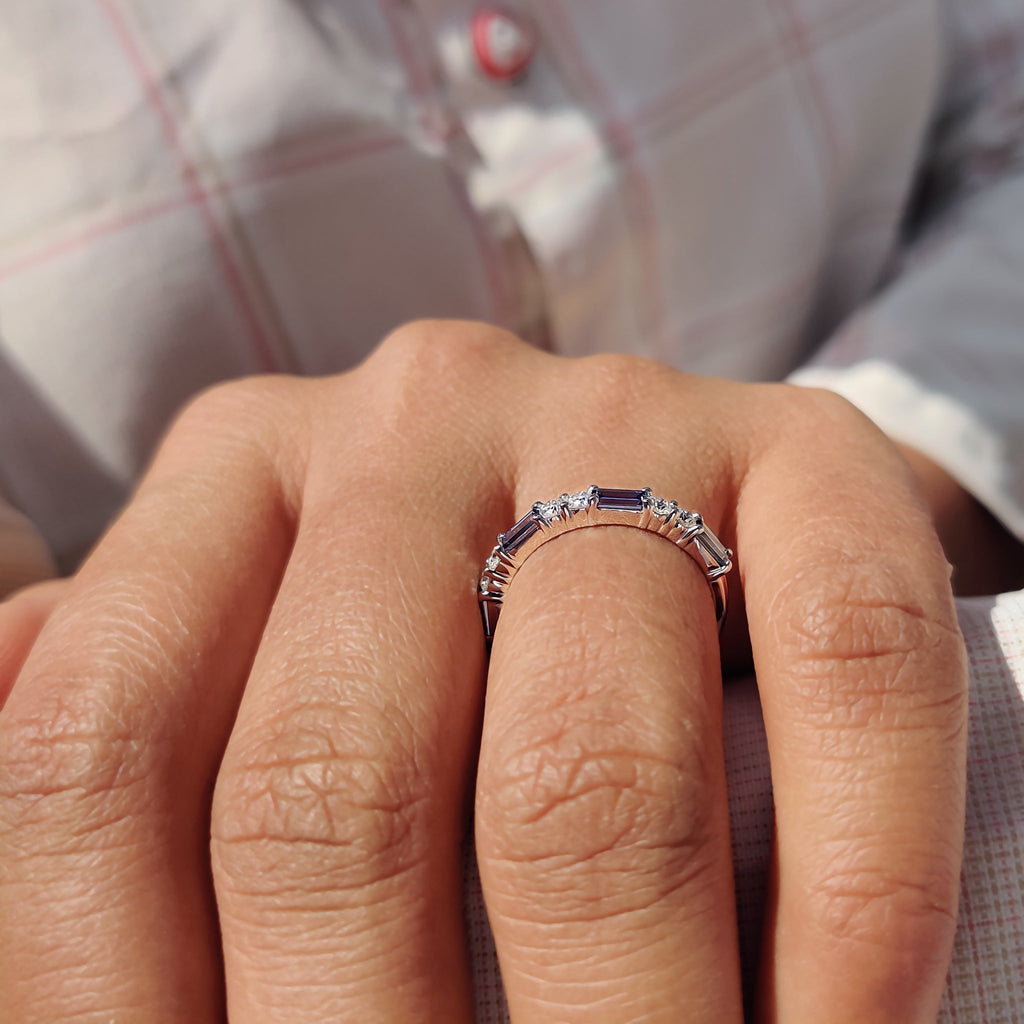 Blue Moissanite Baguette Cut Half Eternity Band