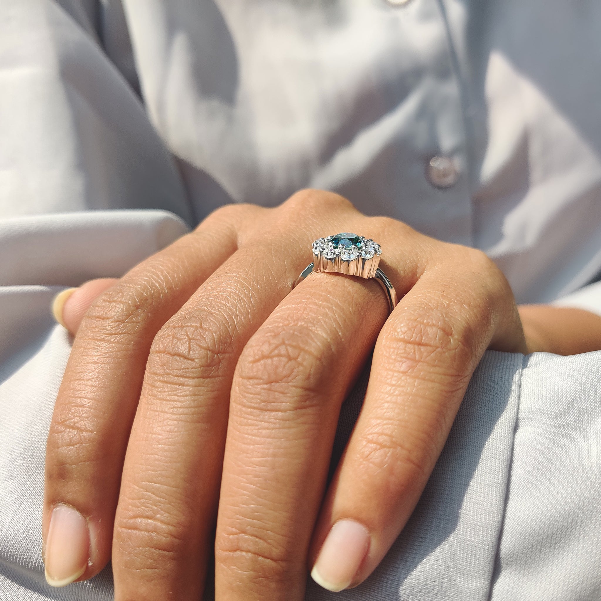 Cluster Engagement Ring With Round OEC Cut Moissanite