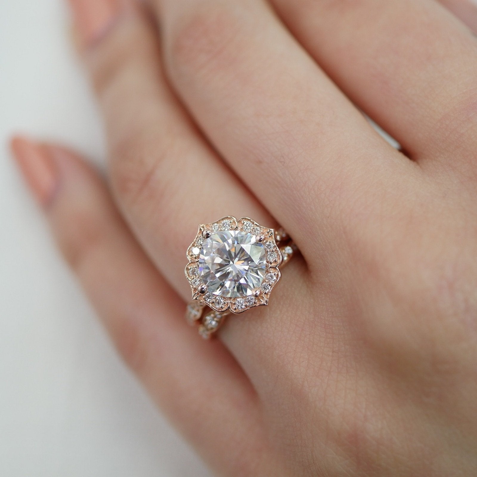 2.30 CT Cushion Moissanite Vintage Halo Bridal Ring Set