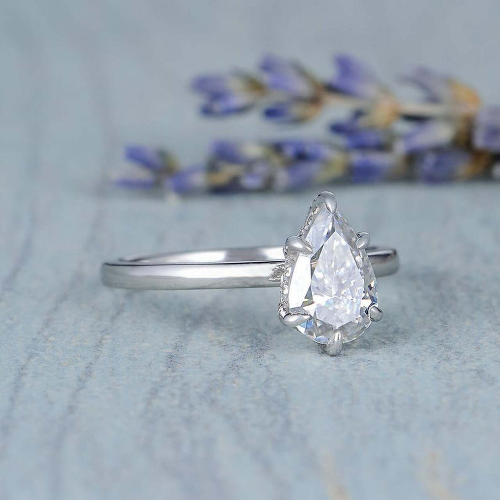 2.50CT Pear Moissanite Solitaire Engagement Ring With Hidden Halo Setting