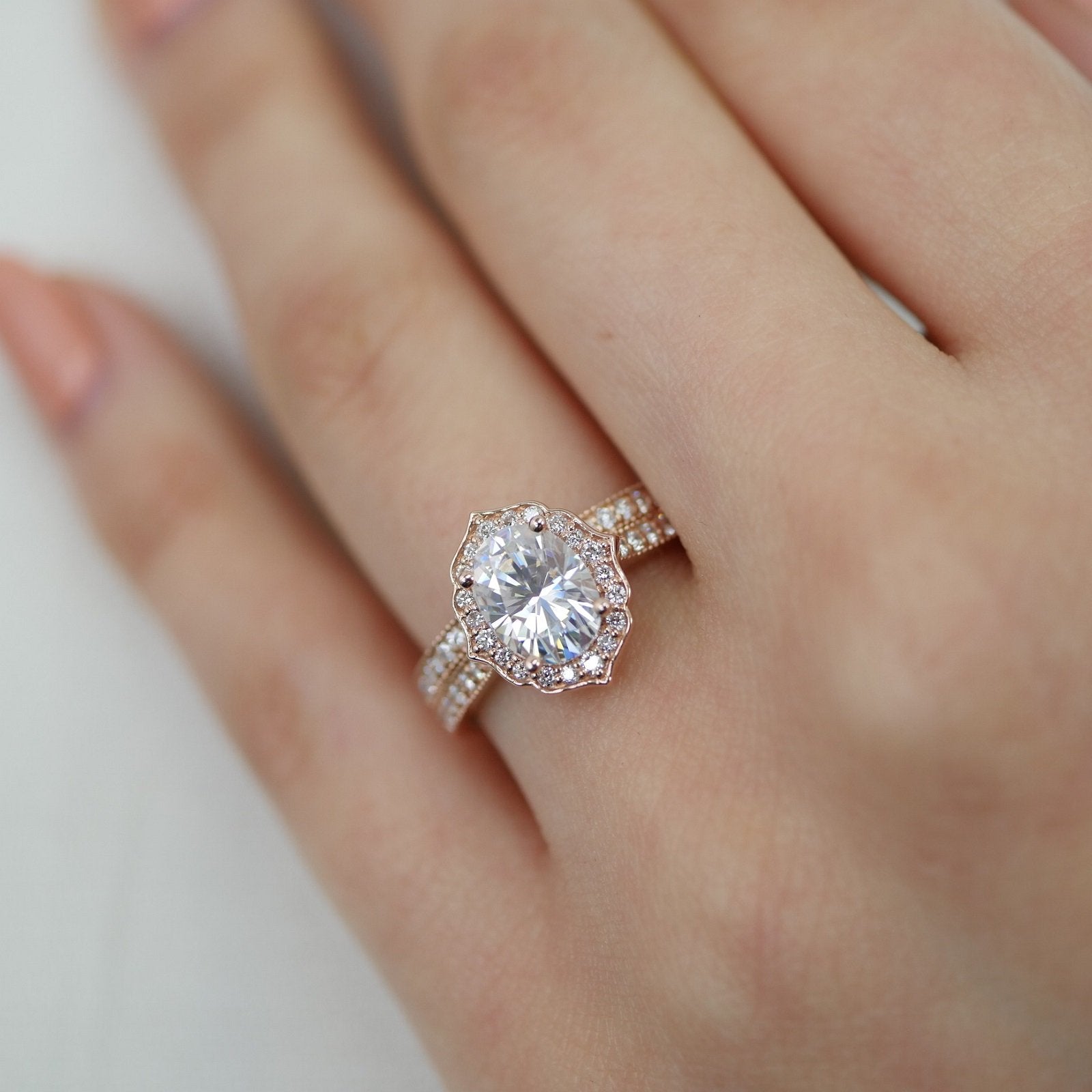 1.50CT Oval Cut Moissanite Halo Bridal Ring Set