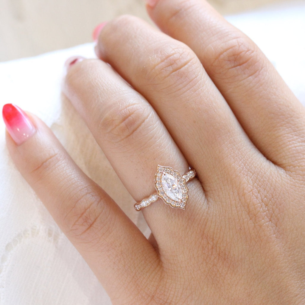 1.0 CT Vintage Floral Marquis Cut Diamond Moissanite Halo Engagement Ring