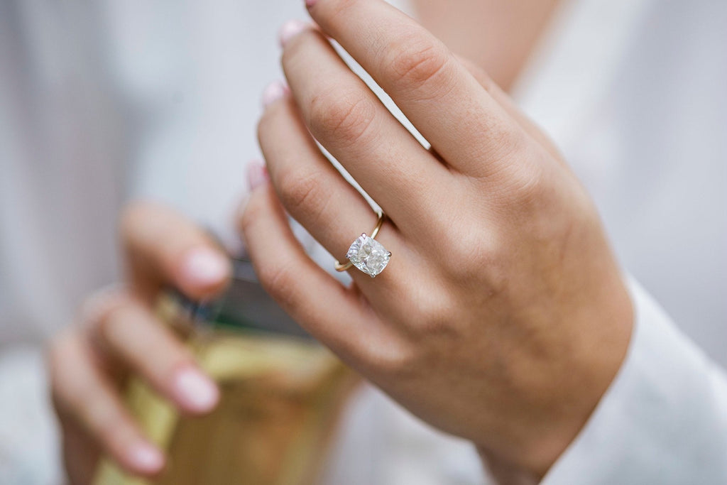 3.20 CT Elongated Cushion Moissanite Solitaire With Hidden Halo Setting Engagement Ring