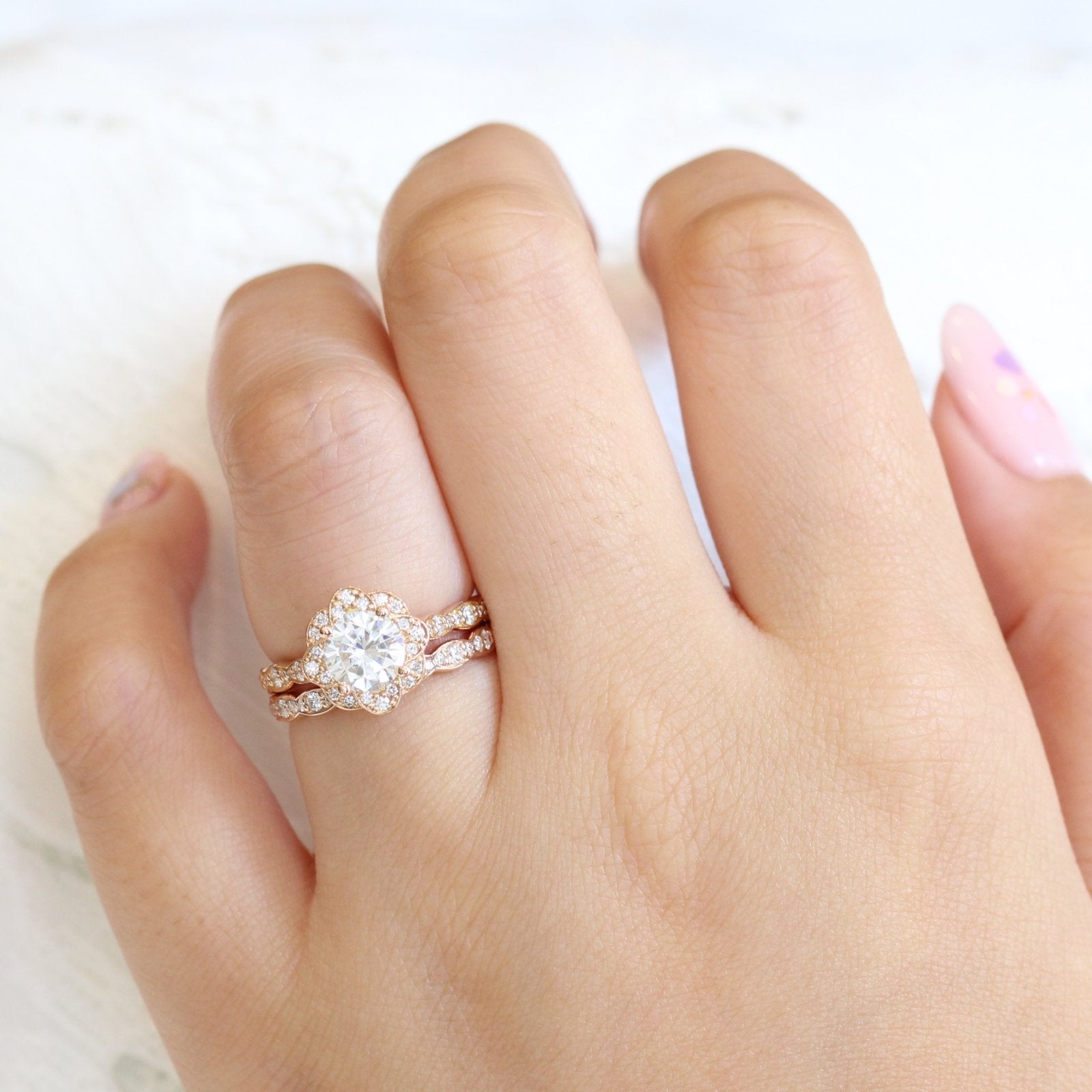 1.0CT Round Cut Moissanite Vintage Halo Bridal Ring Set