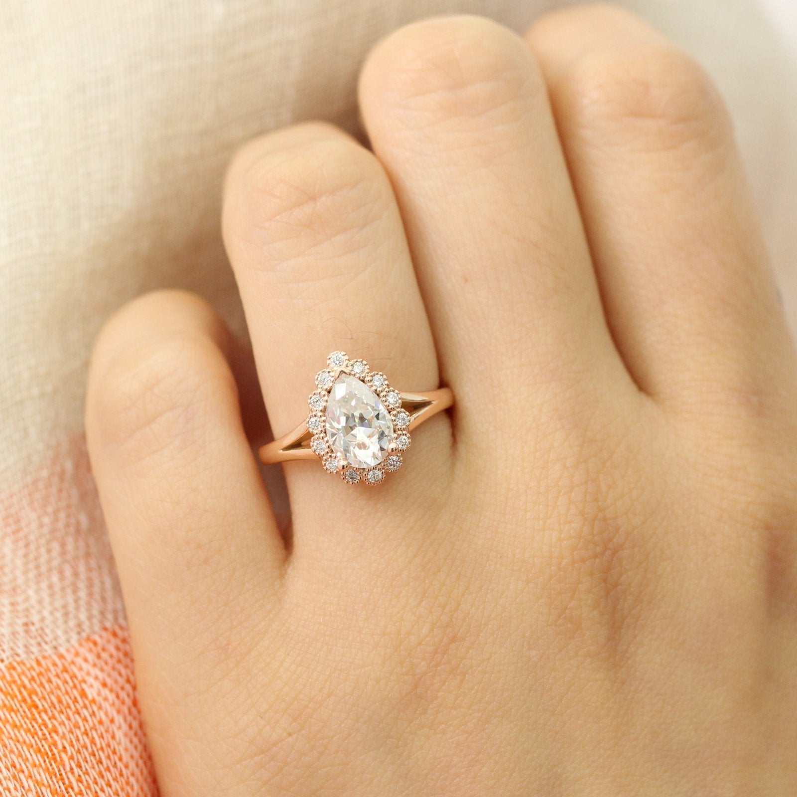 1.50 CT Pear Cut Moissanite Halo Split Shank Style Engagement Ring