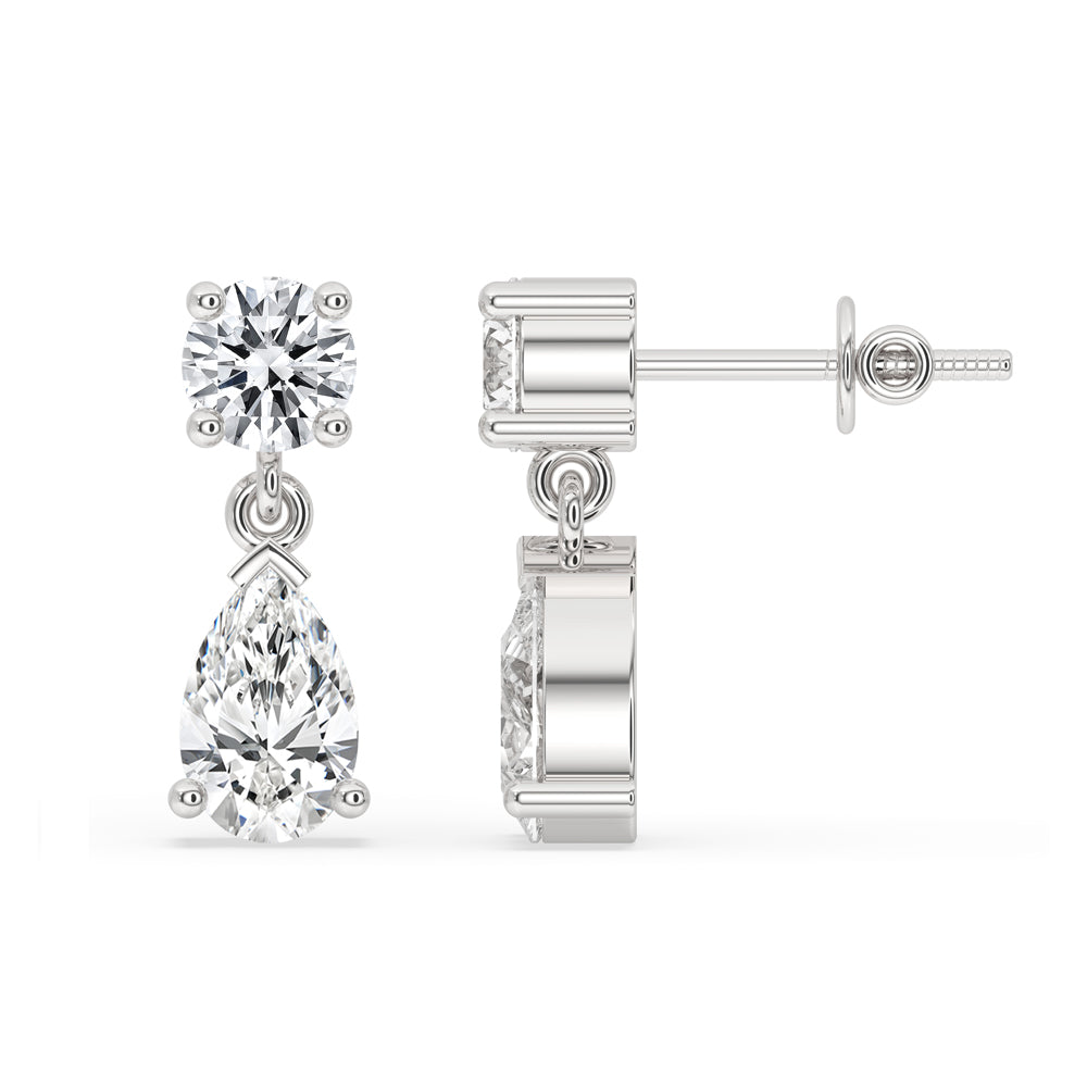 White Gold Drop Earrings - Pear & Round Diamond
