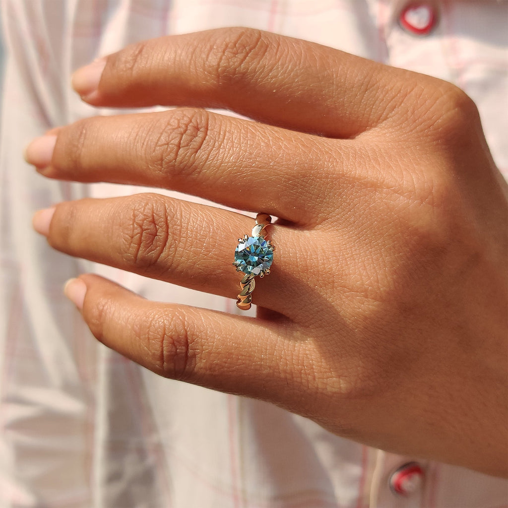 Cyan Blue Round Cut Hidden Halo Ring With Twisted Rope Band