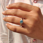 Cyan Blue Round Cut Hidden Halo Ring With Twisted Rope Band
