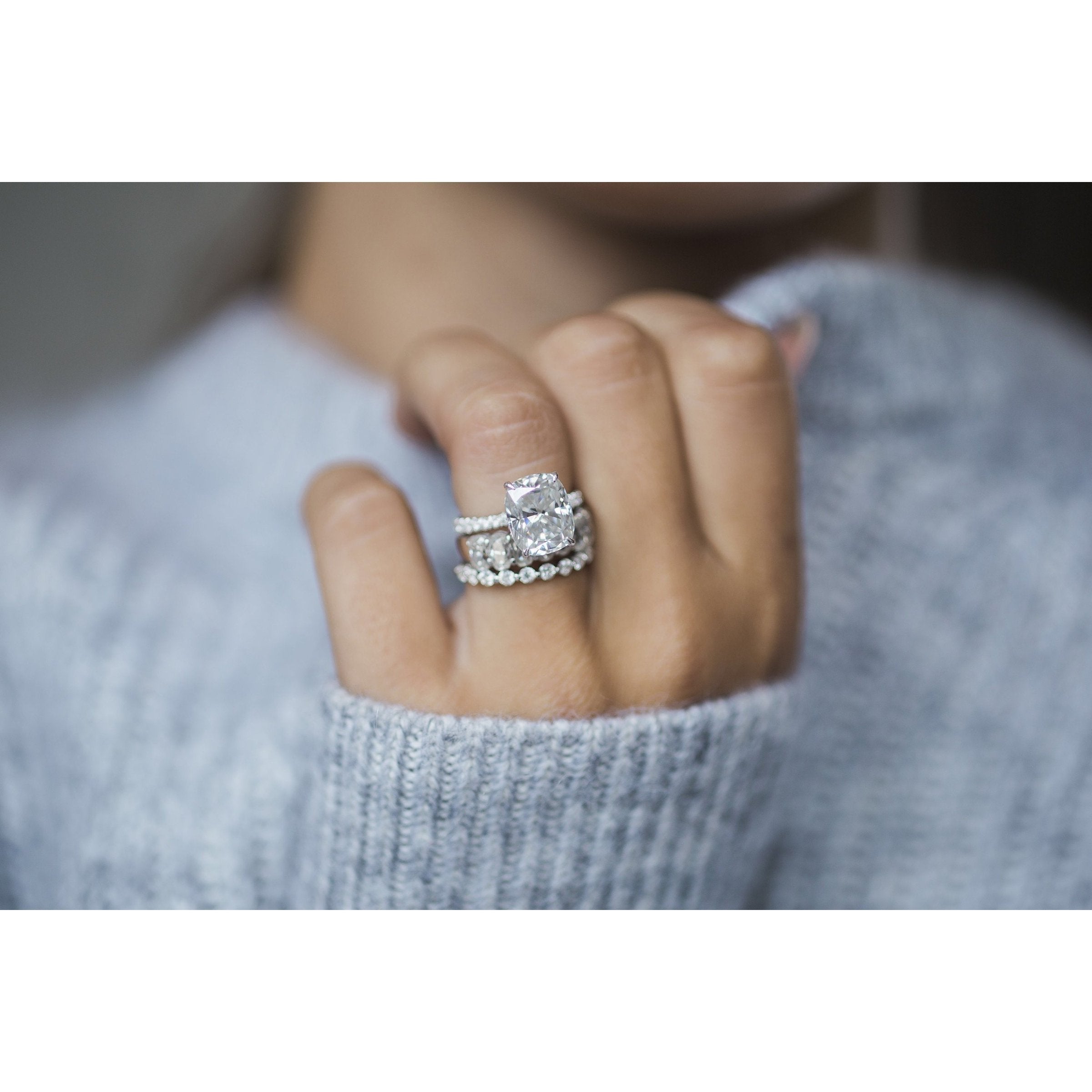5.0 CT Elongated Cushion Moissanite Hidden Halo With Pave Setting Engagement Ring