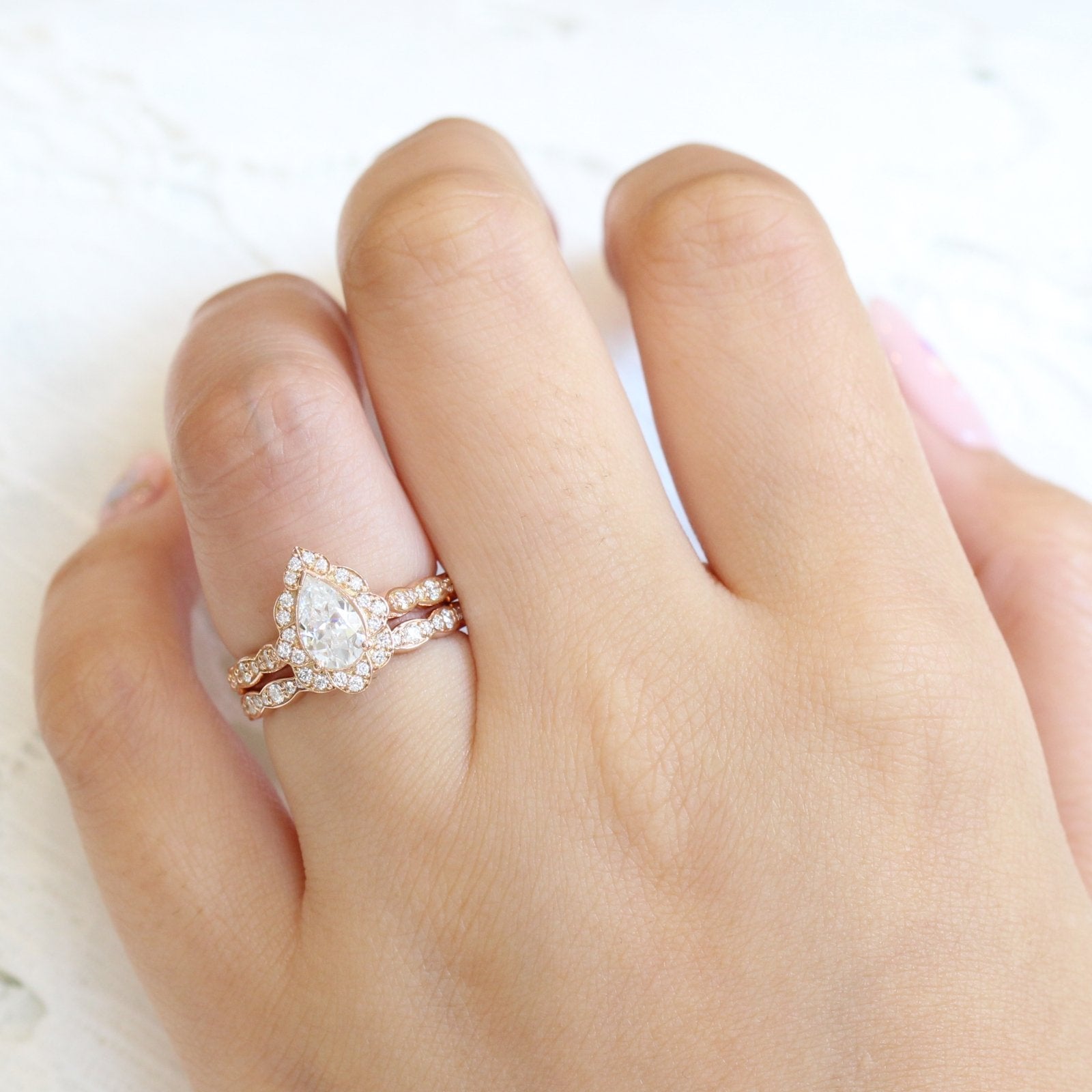 1.0CT Pear Cut Moissanite Vintage Halo Bridal Ring Set