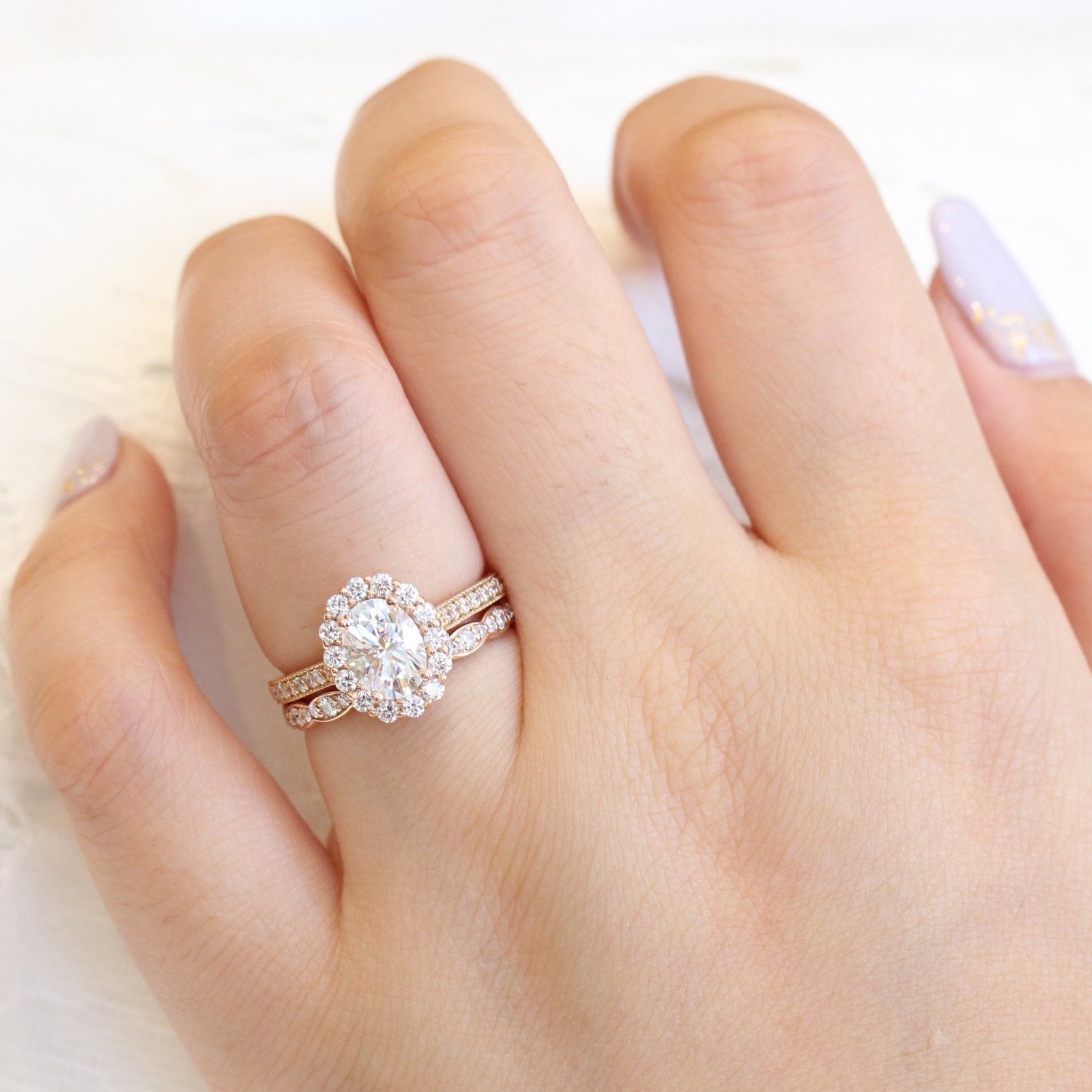 1.50CT Oval Cut Moissanite Halo Bridal Ring Set