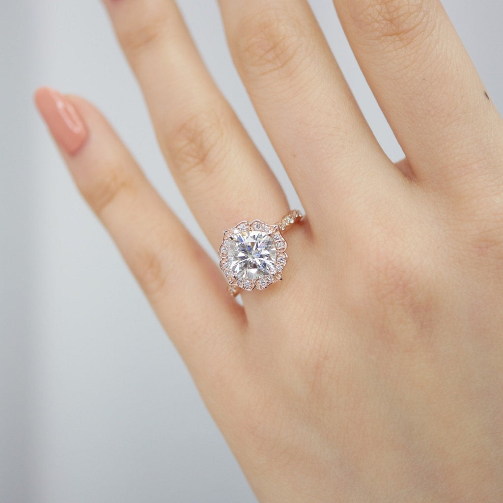 2.30 CT Cushion Moissanite Vintage Halo Engagement Ring