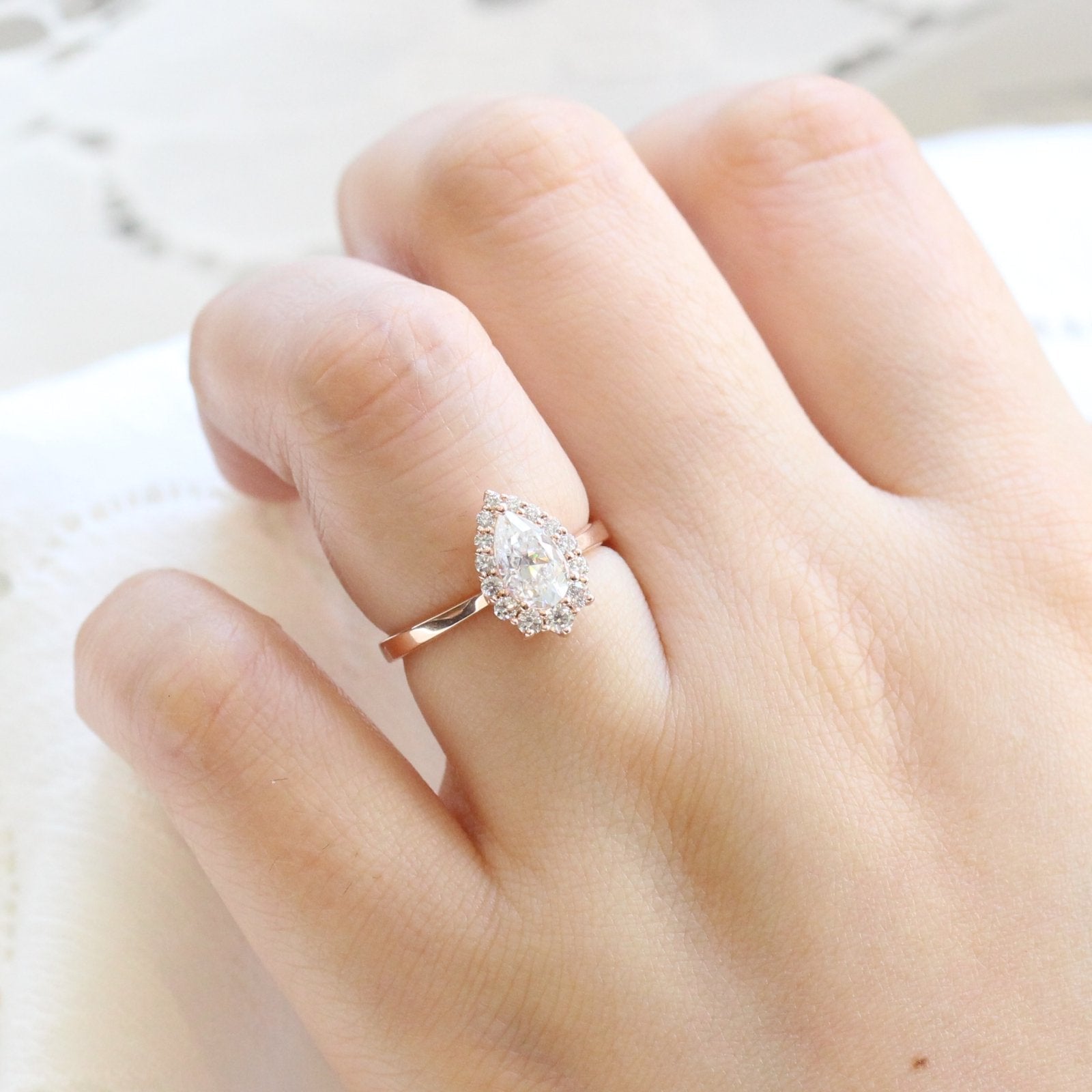 1.0 CT Pear Cut Halo Style Moissanite Engagement Ring