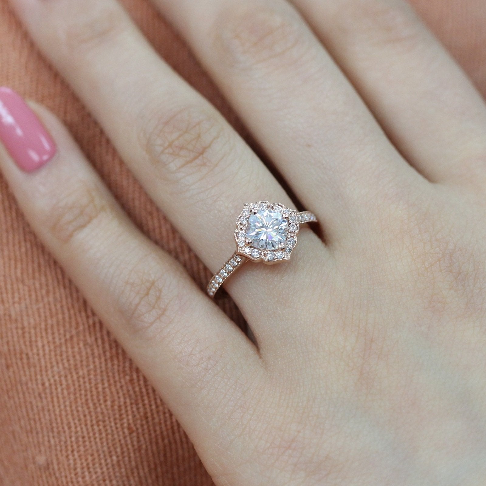 1.0 CT Cushion Cut Vintage Halo Style Moissanite Engagement Ring