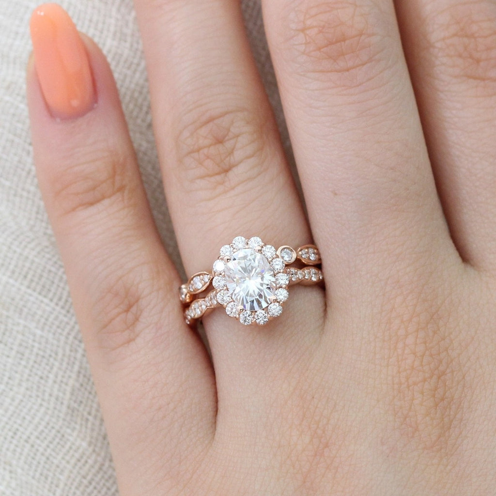 1.50CT Oval Cut Moissanite Halo Bridal Ring Set